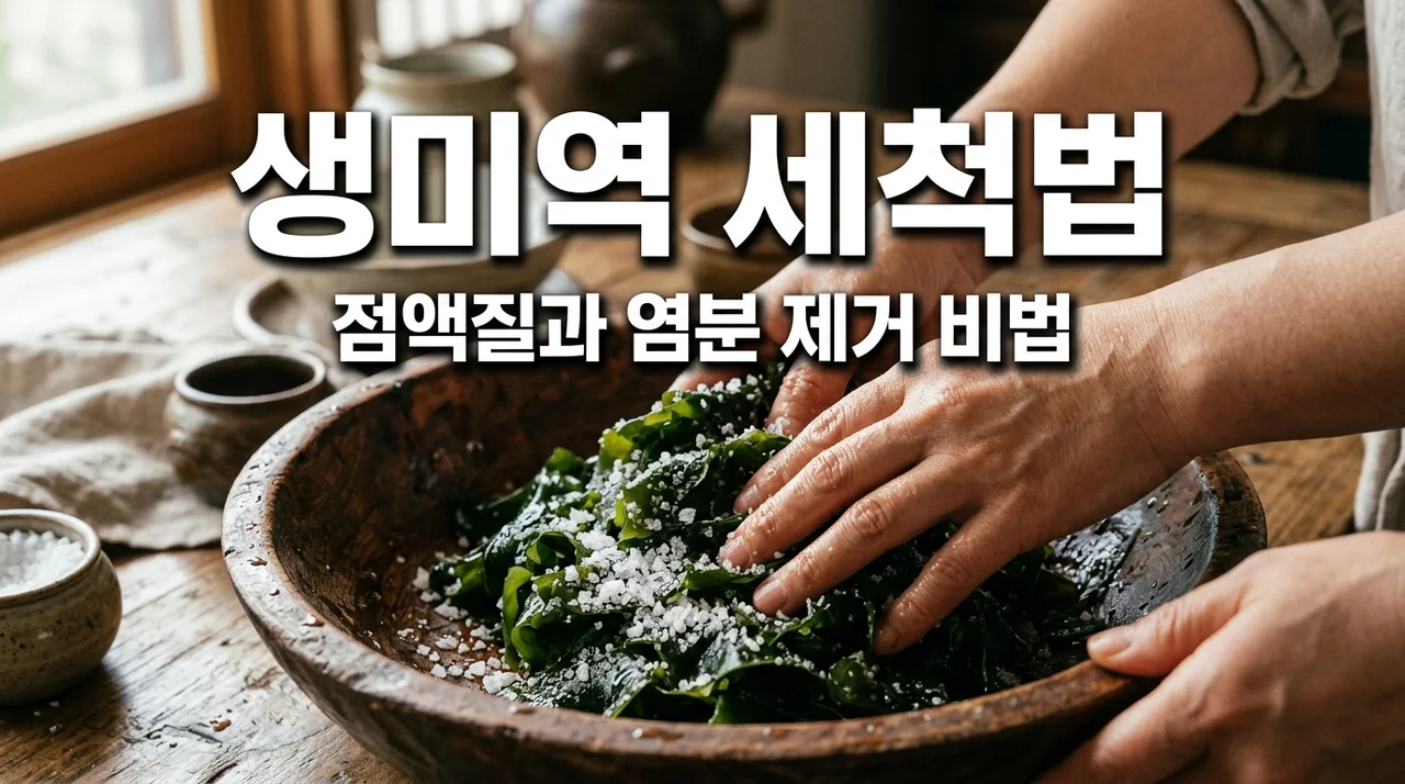 생미역 세척 방법, 굵은소금 마찰로 점액질과 염분 100% 제거하기